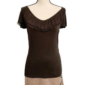 Ann Taylor ruffle vneck tshirt olive green S